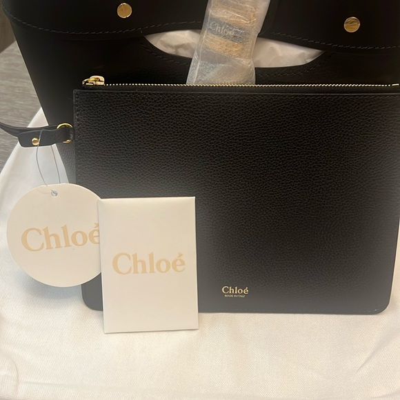 CHLOE Smooth Grained Calfskin Medium Aby Tote Black - Picture 11 of 12